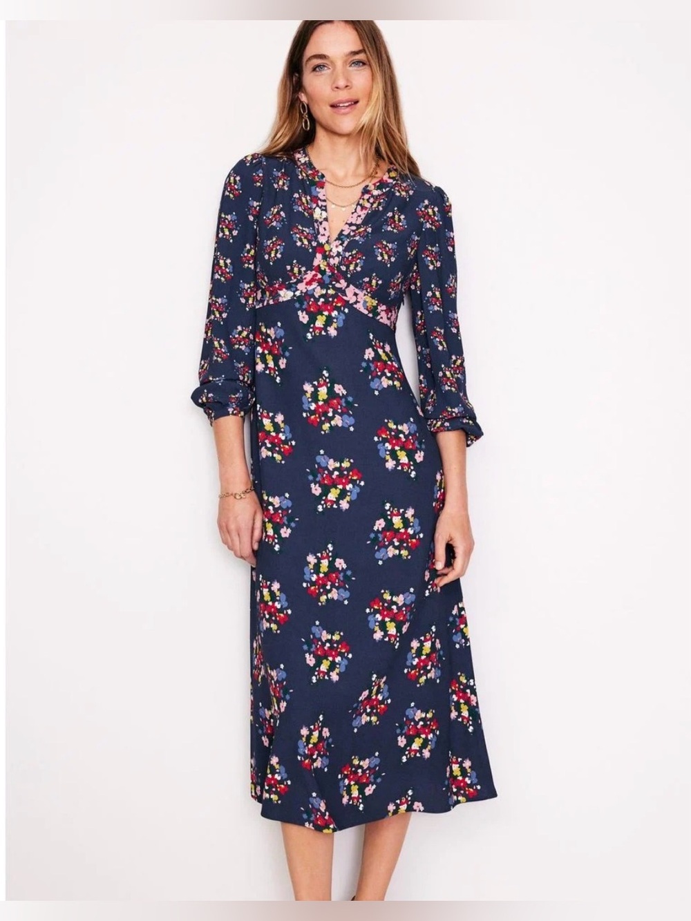 Boden Imelda Border Print Midi Dress French Navy, Poppy Bouquet R12 Floral - Picture 2 of 15